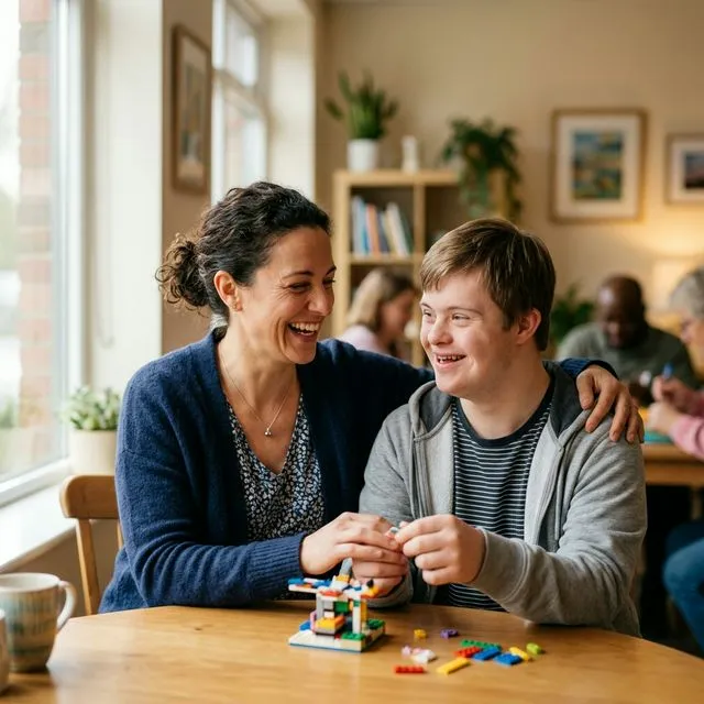 Caregiver and individual building together in a warm home setting